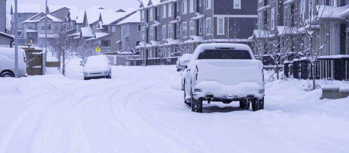 Suburban street in Calgary after heavy snow storm