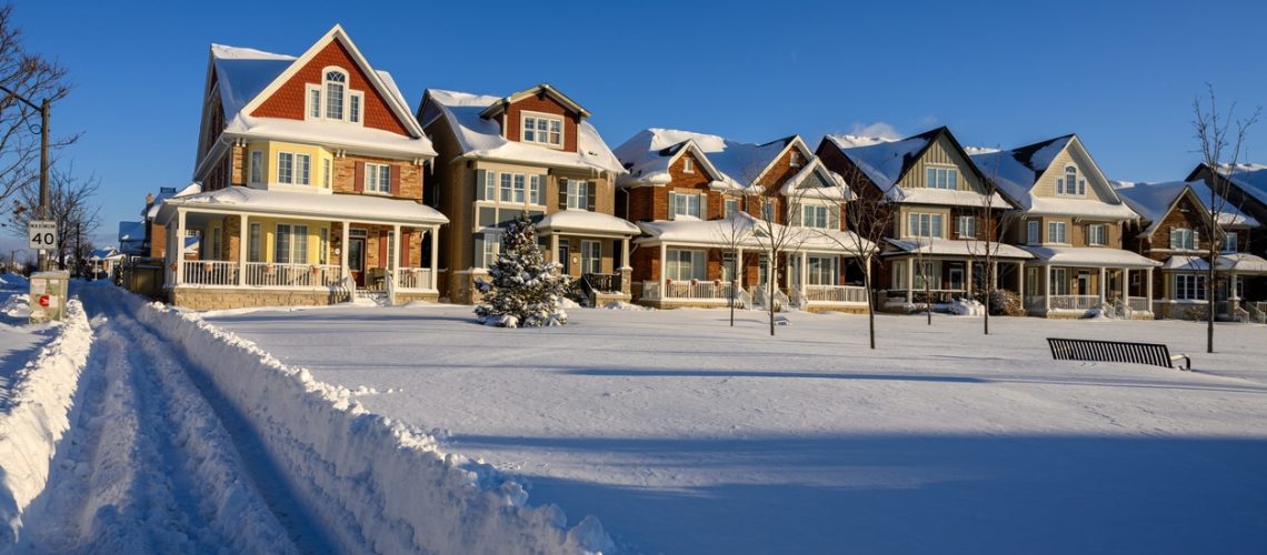 Residential buildings and streets in Markham, Ontario after severe winter storm that leaves 35 cm snow on the ground.